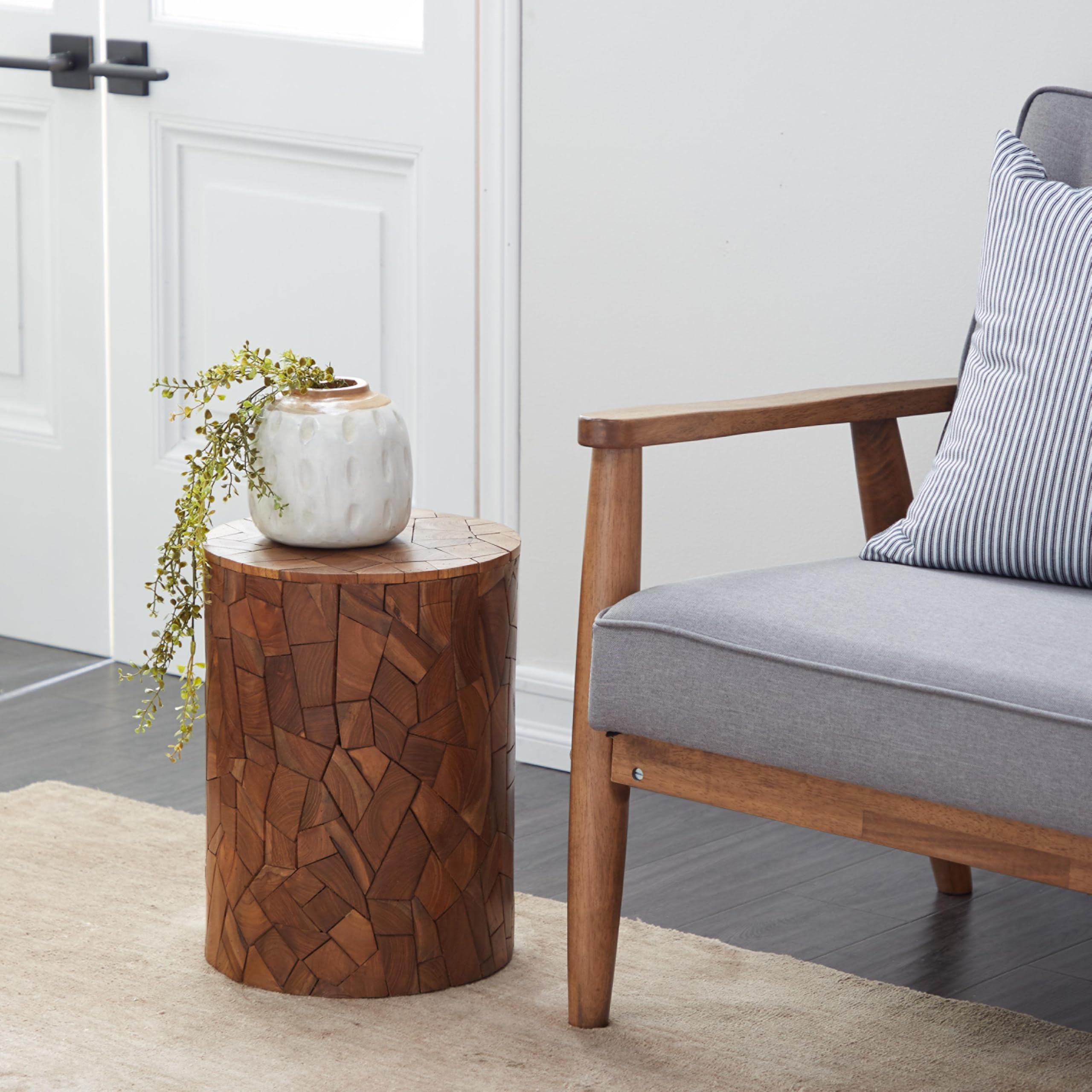Teak Wood Handmade Side End Accent Table End Table with Mosaic Wood Chip Design