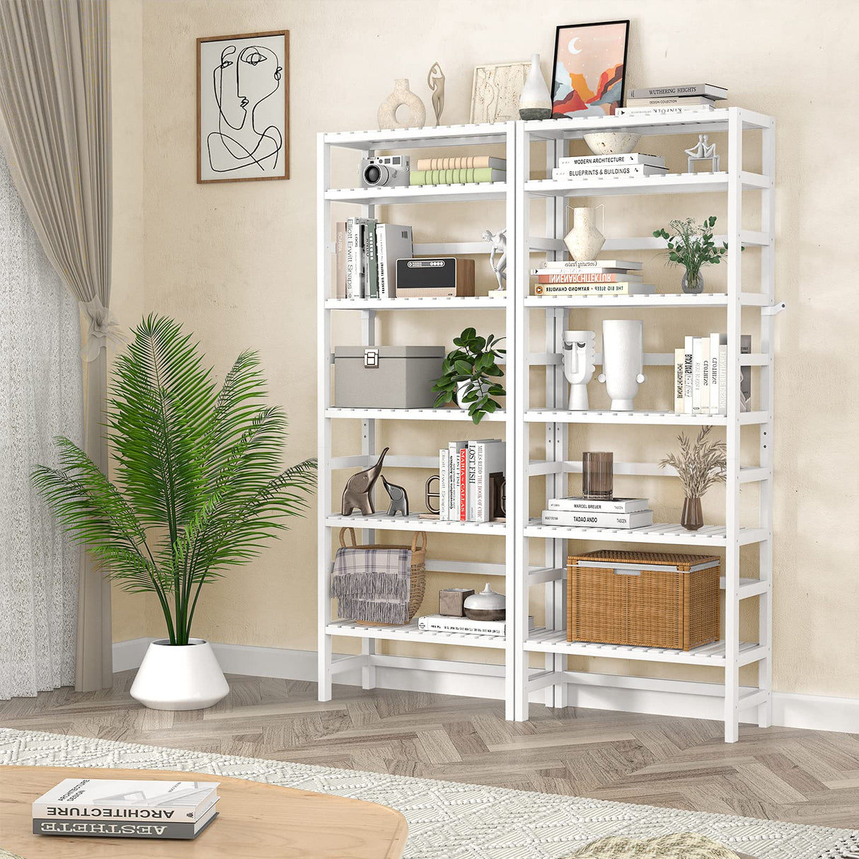 Bookshelf, 6-Tier Bamboo Adjustable 63.4” Tall Bookcase Book Shelf