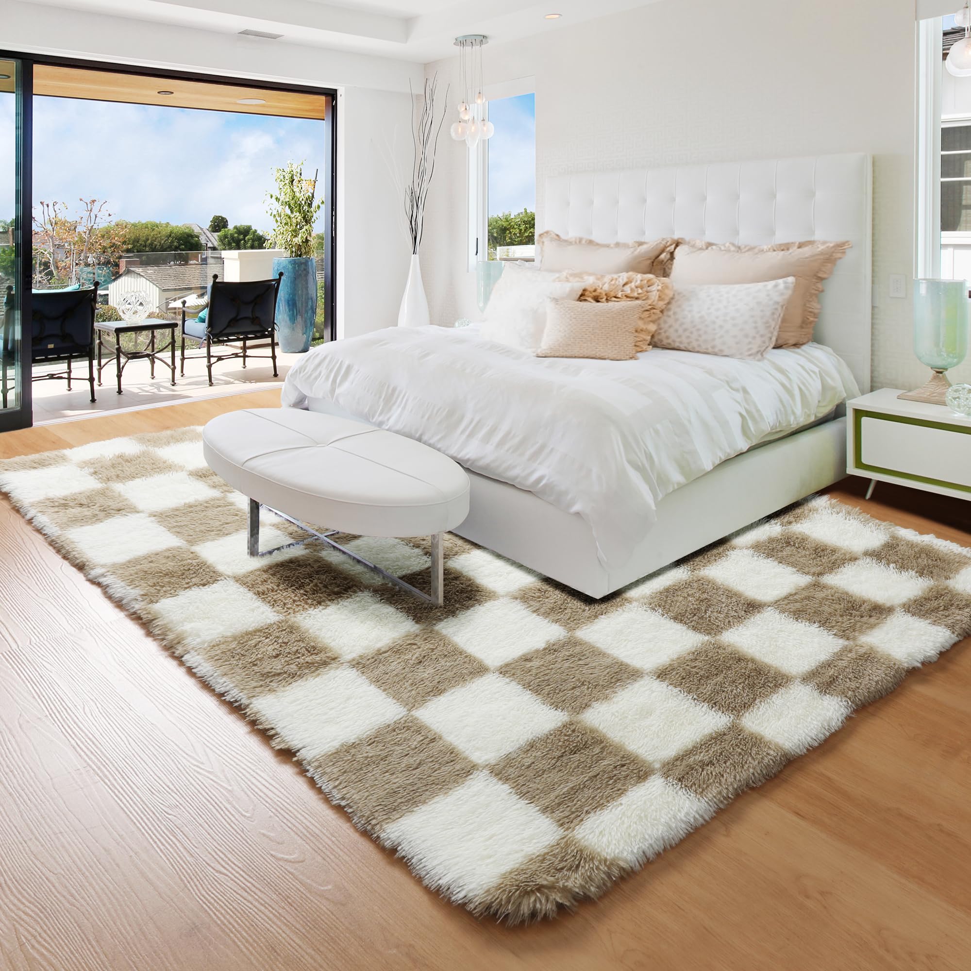 KICMOR 5x8 Beige and Cream White Rugs Living Room Carpets, Large Fluffy Shag Fuzzy Checkered Area Rug for Bedroom Aesthetic, Soft Plush Shaggy Rug for Nursery, Playroom, Teen Dorm Room Home Decor