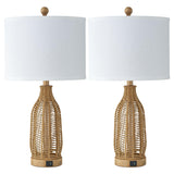 24.5" Rattan Table Lamps Set of 2 with USB Charging Ports