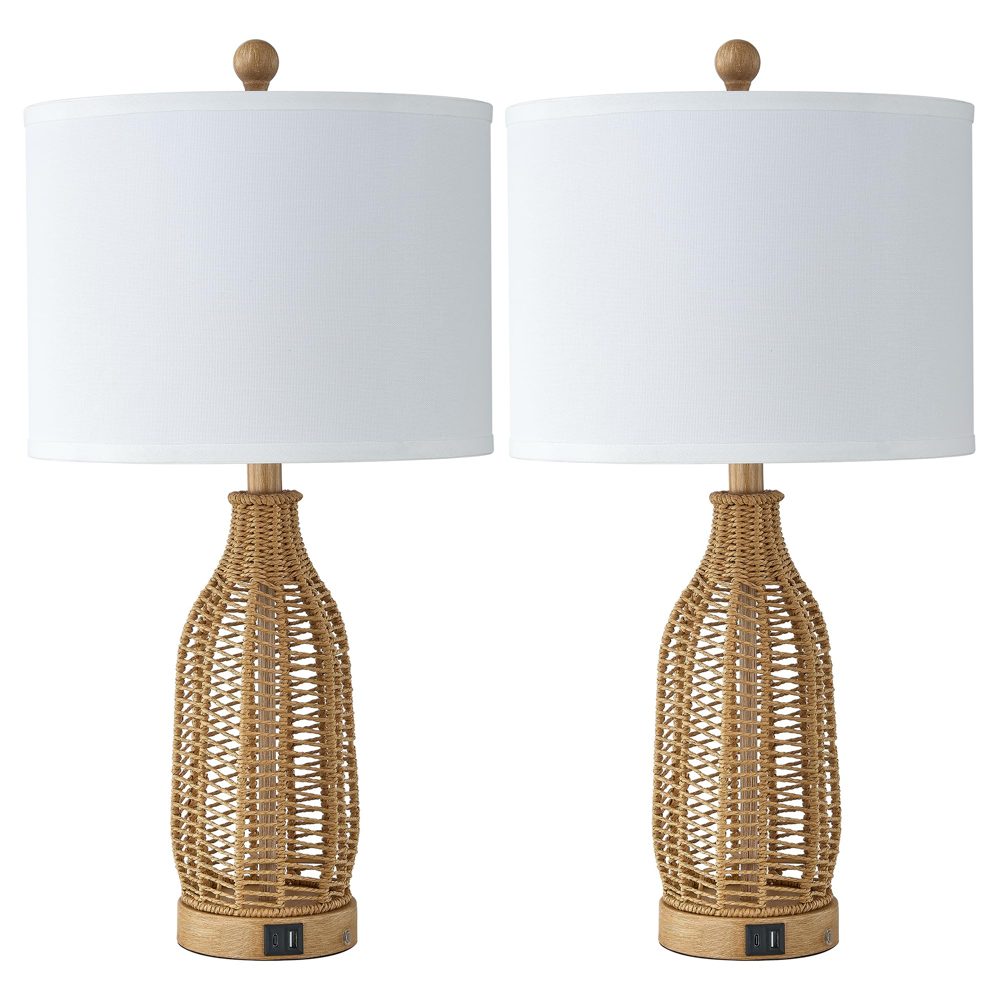 24.5" Rattan Table Lamps Set of 2 with USB Charging Ports