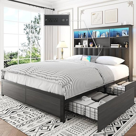 Queen Bed Frame with Headboard, Queen Bed Frame with High Storage Bookcase