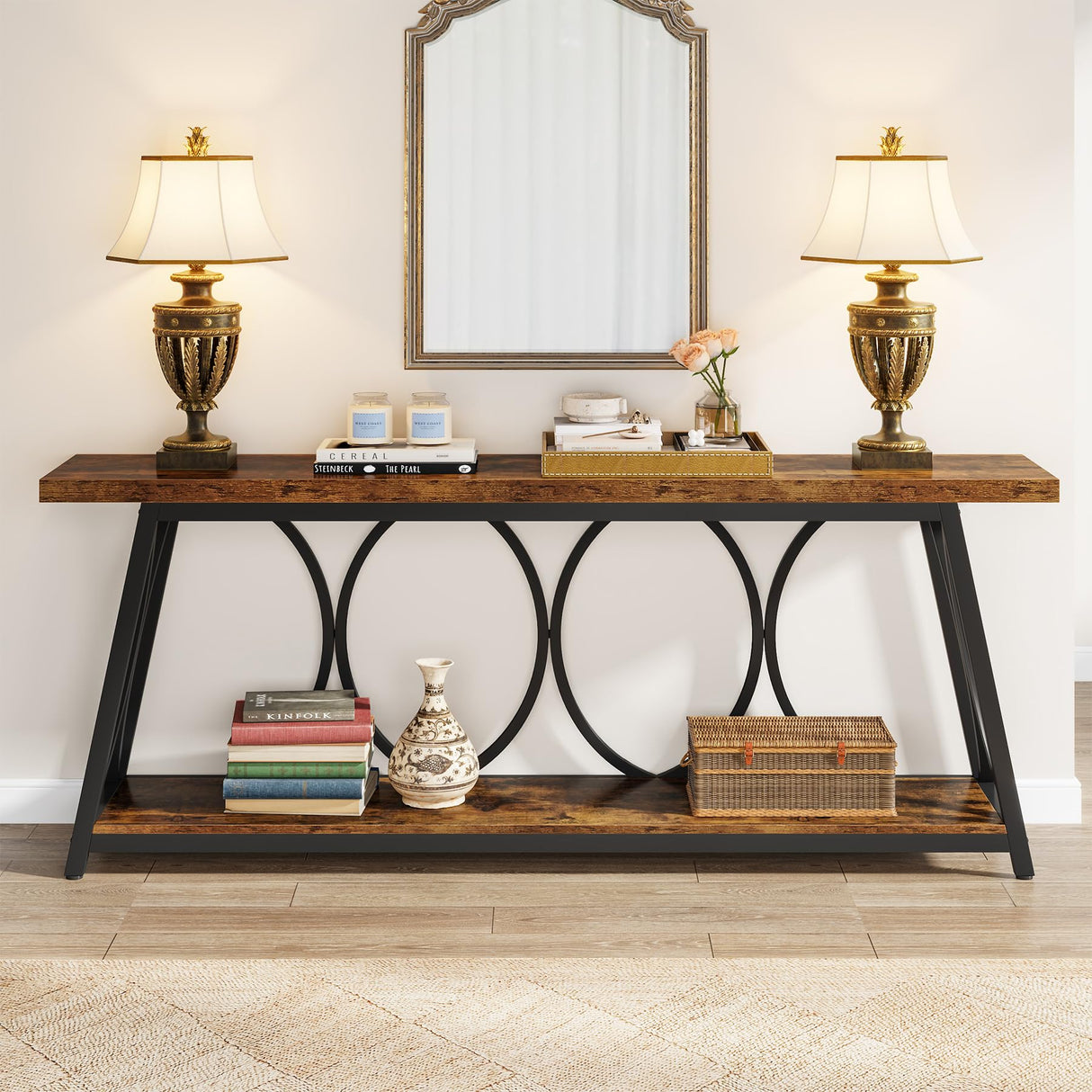 70.9 inch Extra Long Console Table, Industrial Sofa Table Behind Couch with 2 Tier Storage Shelf