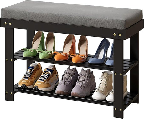 Bamboo Shoe Bench, 3-Tier Shoe Rack with 1.6" Thick Padding, Stable Shoe Organizer