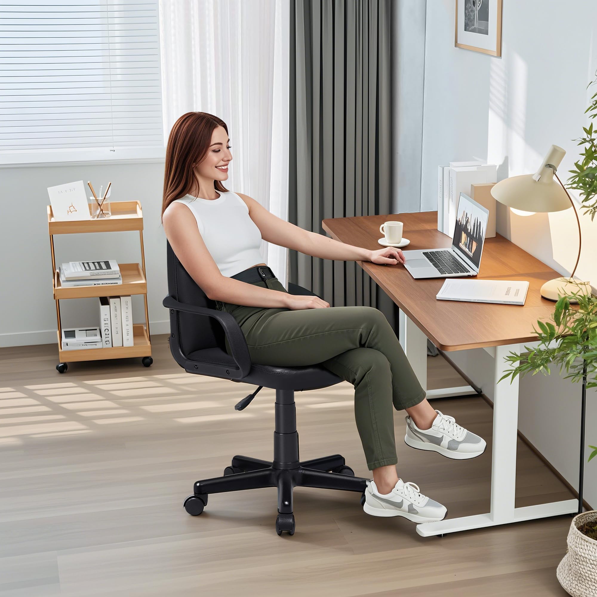 , Home Office Swivel Chairs PU Leather Height Adjustable with Wheels, Black