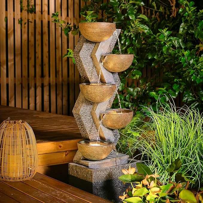 6-Tier Water Fountains Outdoor - 52.8 Inch Large Patio Waterfall with Lights, Garden