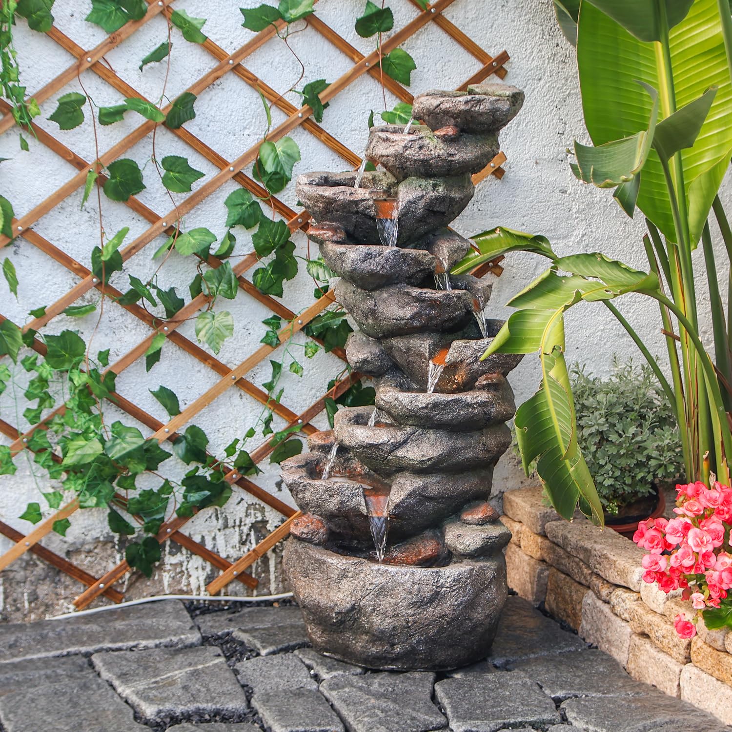 10-Tier Cascading Rock Water Fountain Outdoor Garden Waterfall Fountains Patio