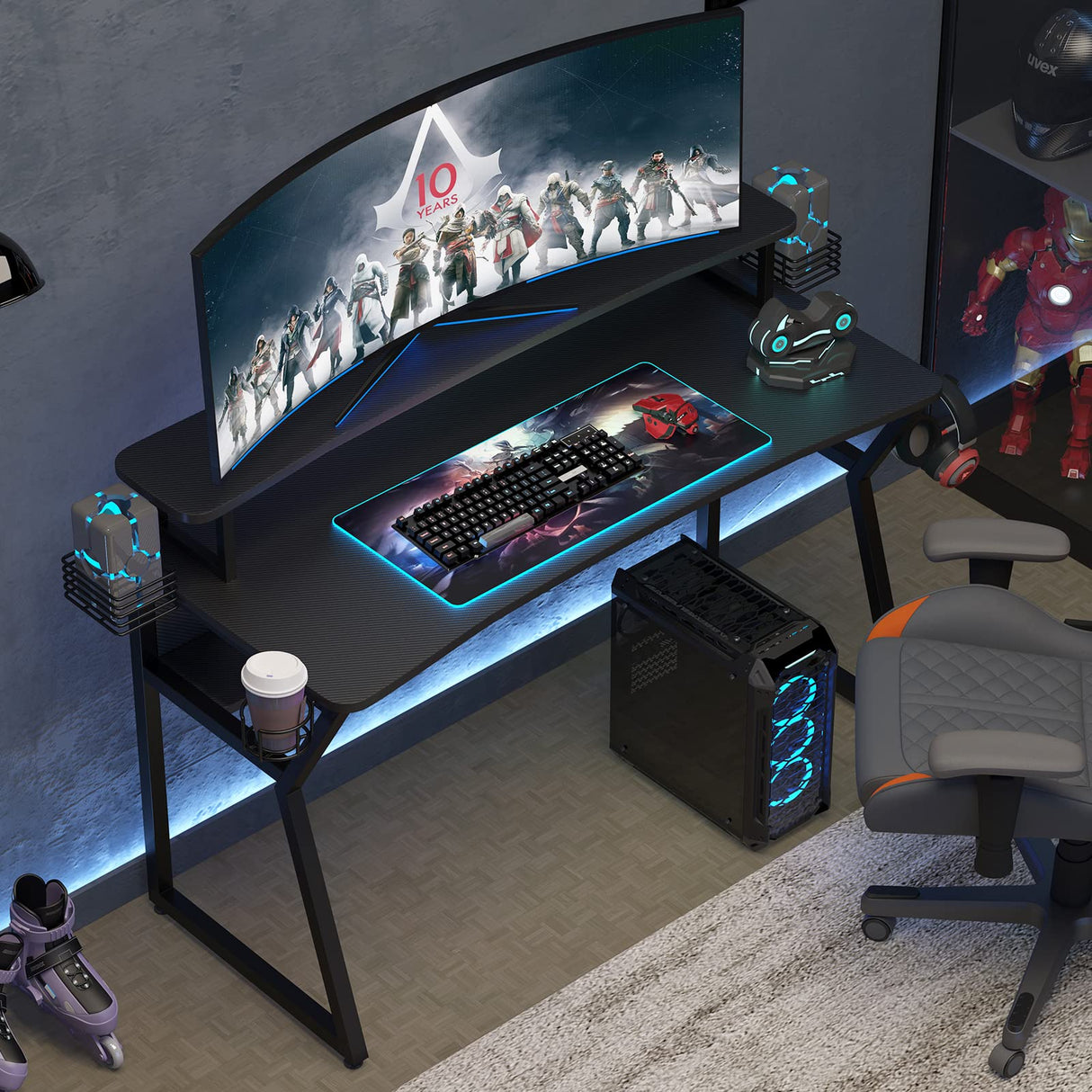 Gaming Desk, Computer Desk with Large Monitor Stand and Open Shelf,Gamer Table