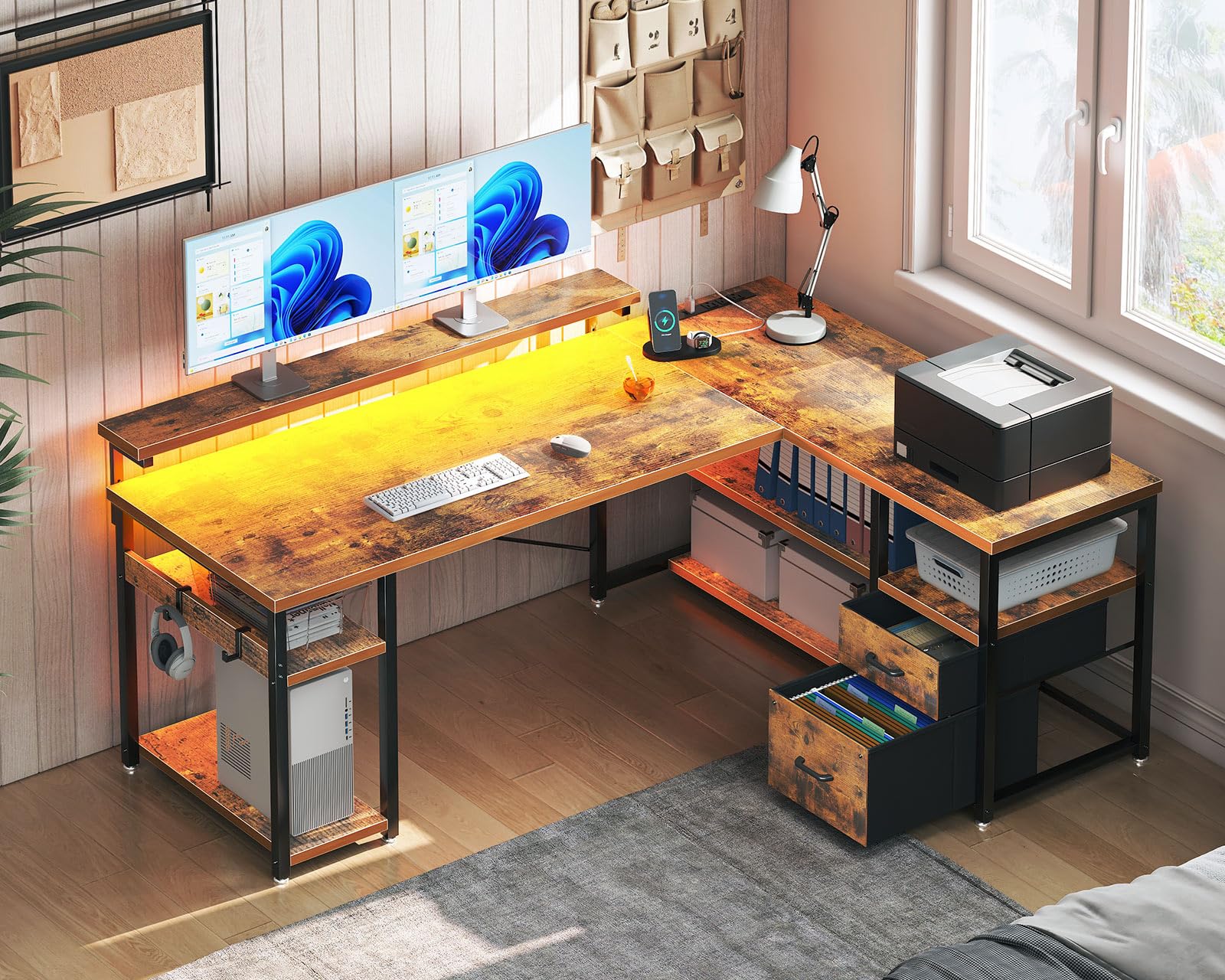 Shaped Gaming Desk with File Drawers, Reversible Computer Desk with Power Outlets &