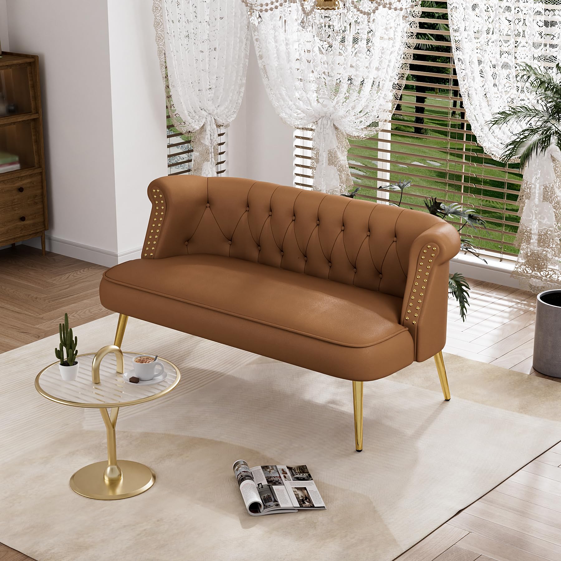 Loveseat Chesterfield Sofa with Gold Legs, Upholstered Tufted Vintage Victorian