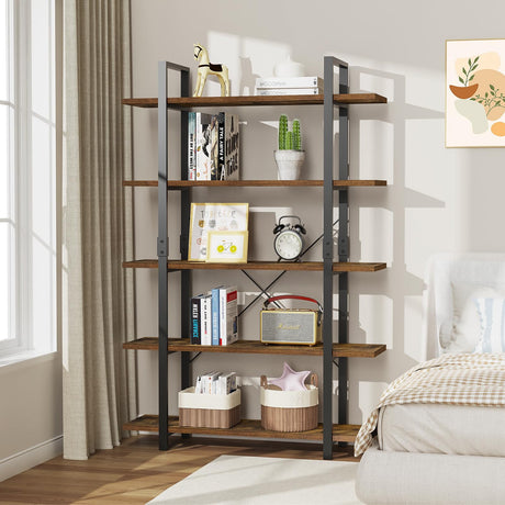 5 Tier Bookshelf, 70 inch Tall Solid Bookcase Industrial Wooden Bookshelves