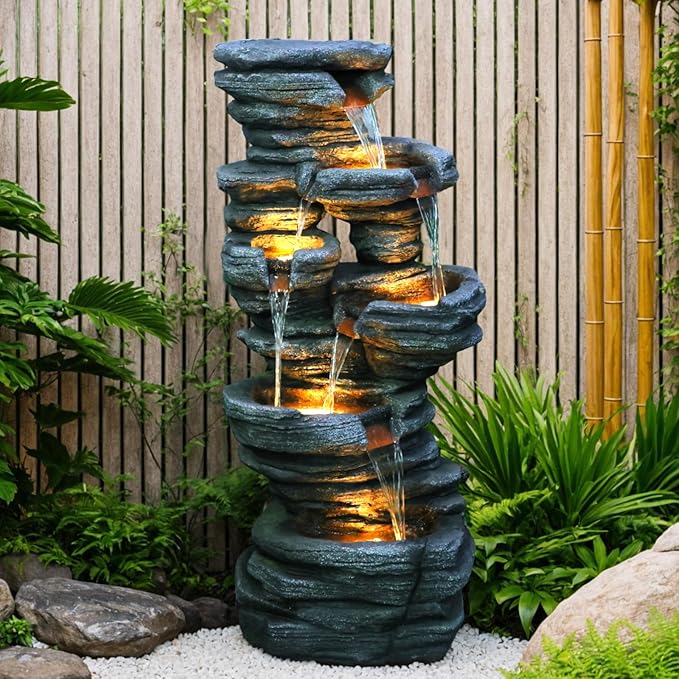 Water Features Outdoor Patio 6-Tier Cascading Rock Water Fountain 31.5''Water Fall