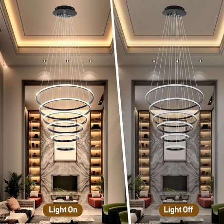 6 Ring Chandelier for High Ceiling with Remote Control, Black LED Chandelier Brightness