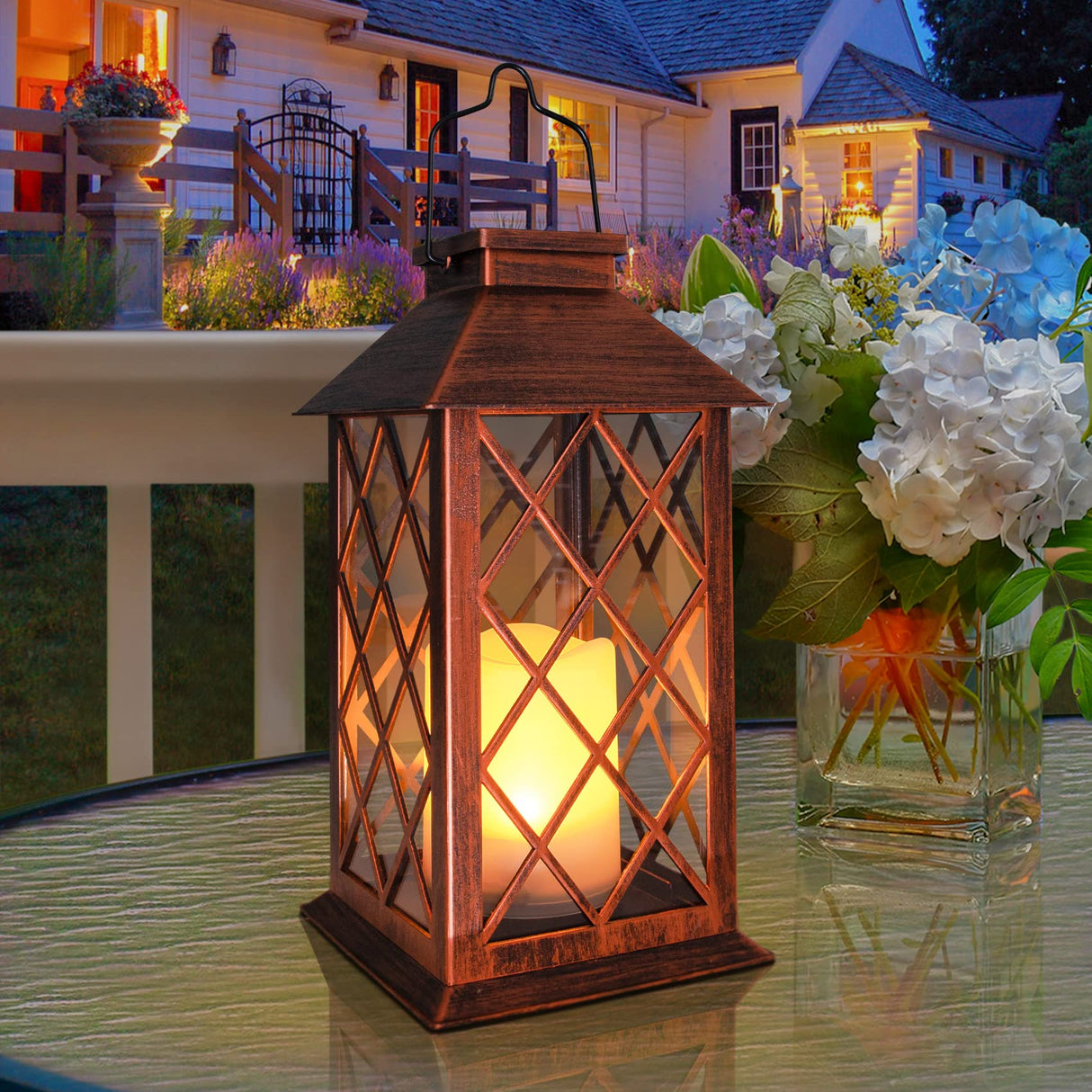 14" Solar Lantern Outdoor Garden Hanging Lantern Waterproof LED Flickering