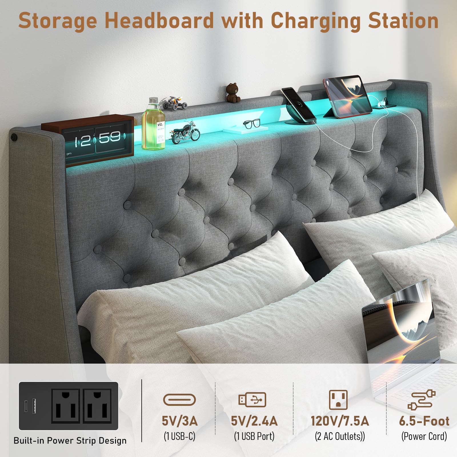 SADENICEL Full Size Bed Frame with Storage Headboard and 2 Drawer, Metal Full Bed Frame Platform with LED Light, Charging Station, No Box Spring Needed, Noise Free, Easy Assembly, Grey