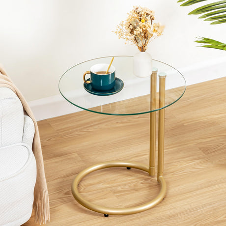 Gold End Table Modern, Round Side Table with Tempered Glass Top and Metal Stand