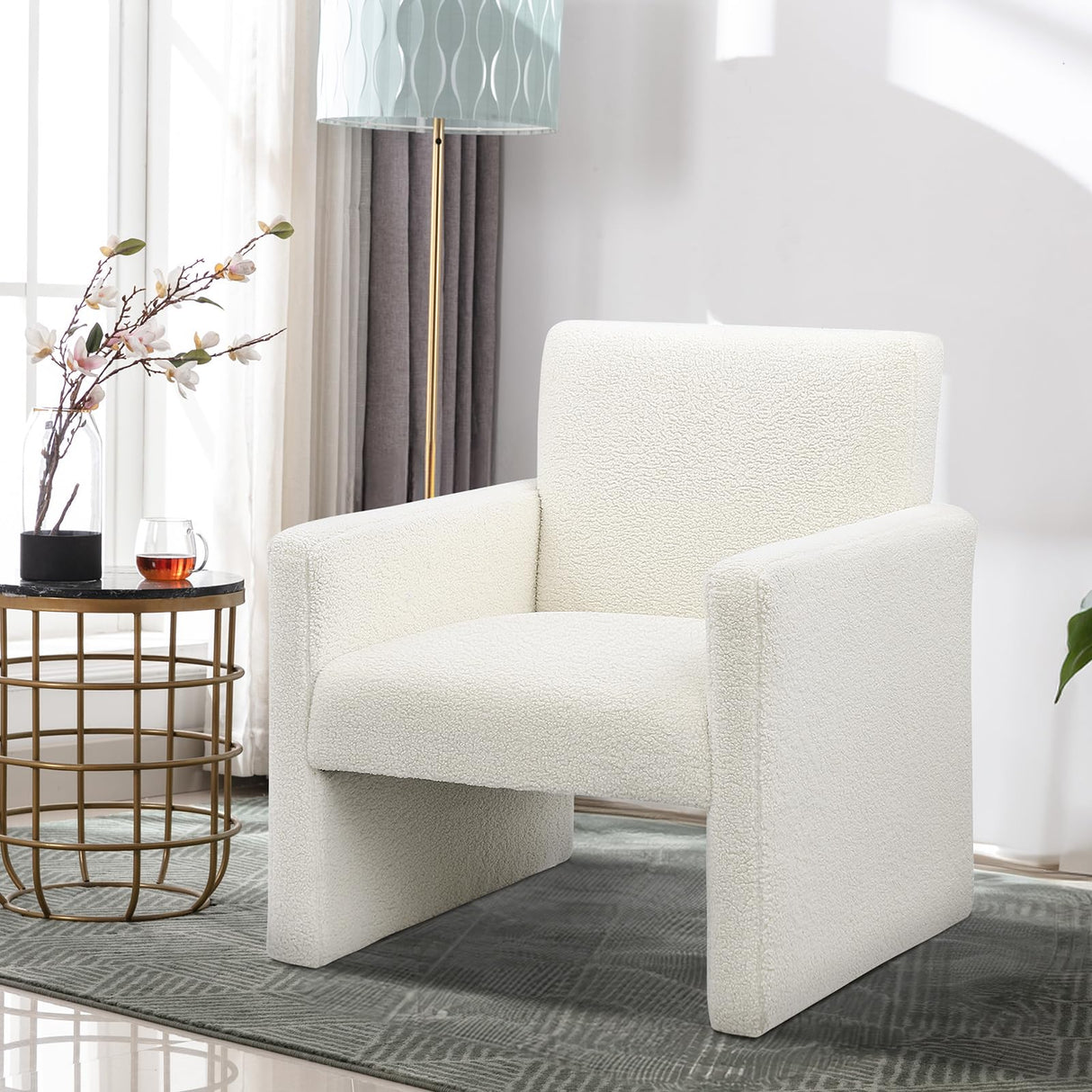 Sherpa Accent Chair Modern White Fluffy Boucle Chair Cozy Teddy Upholstered Armchair