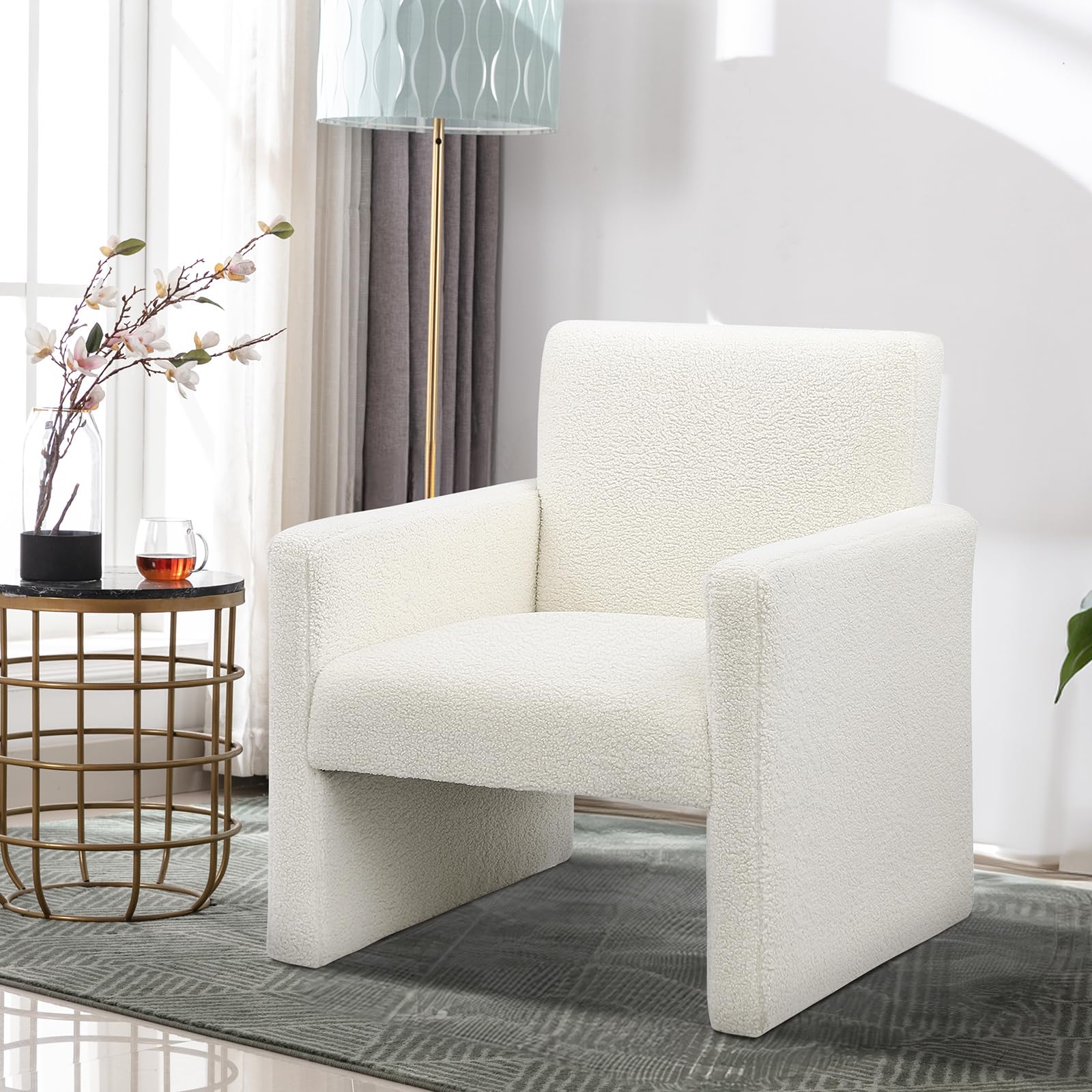 Sherpa Accent Chair Modern White Fluffy Boucle Chair Cozy Teddy Upholstered Armchair