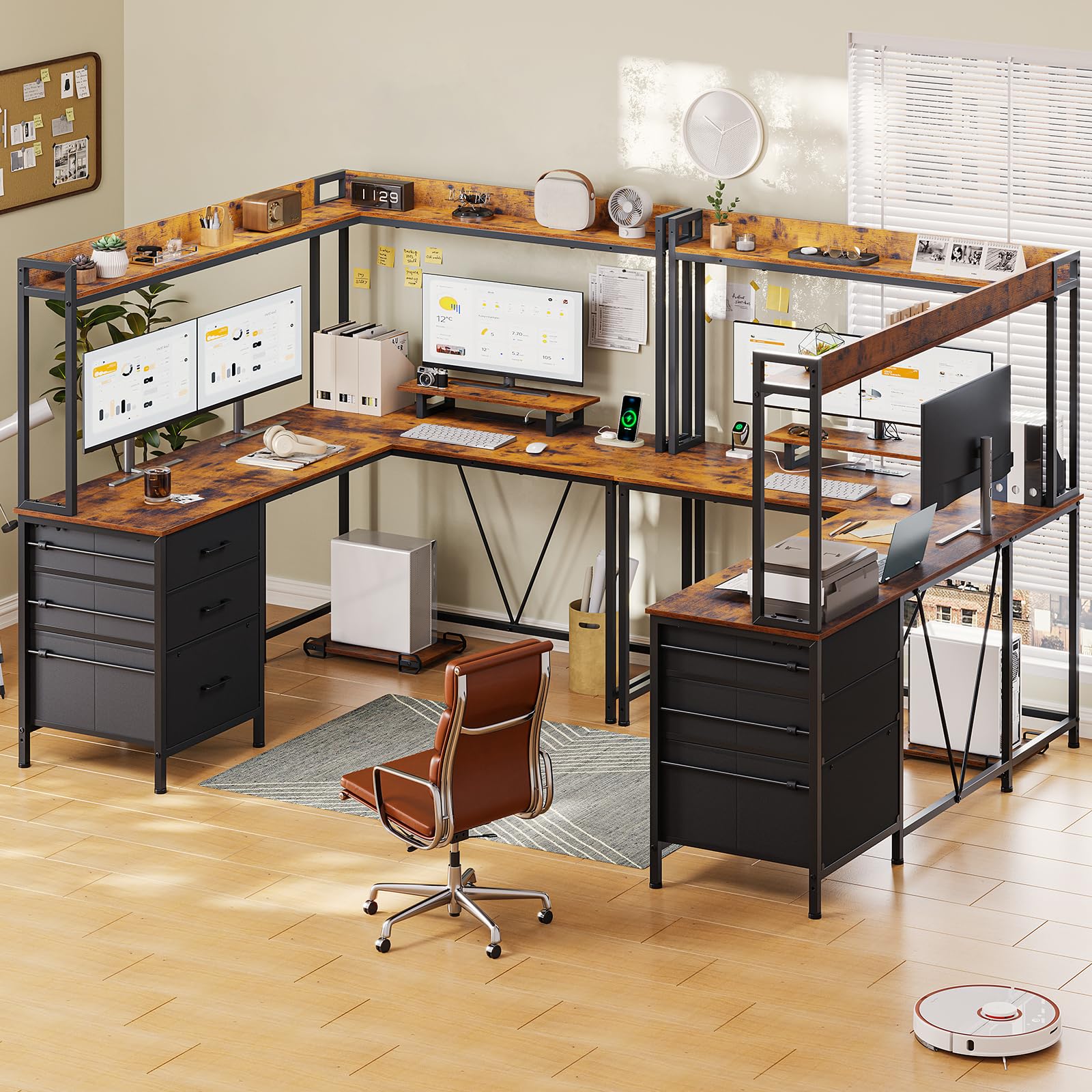 L Shaped Gaming Desk with Shelves, Reversible Computer Desk with Power Outlet & LED
