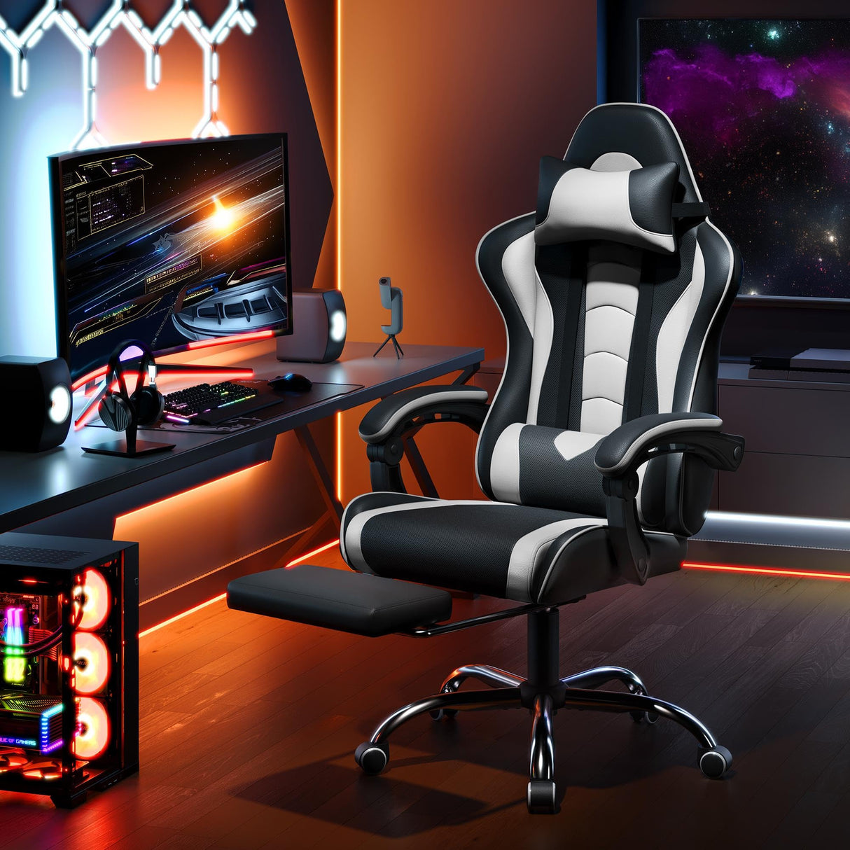 Gaming Chair, Video Game Chair with Massage Lumbar Support and Footrest Height