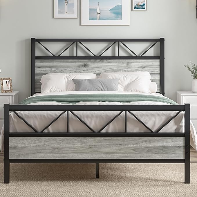 Full Size Bed Frame with 51" Tall Headboard, Industrial Platform Bed with Strong Metal