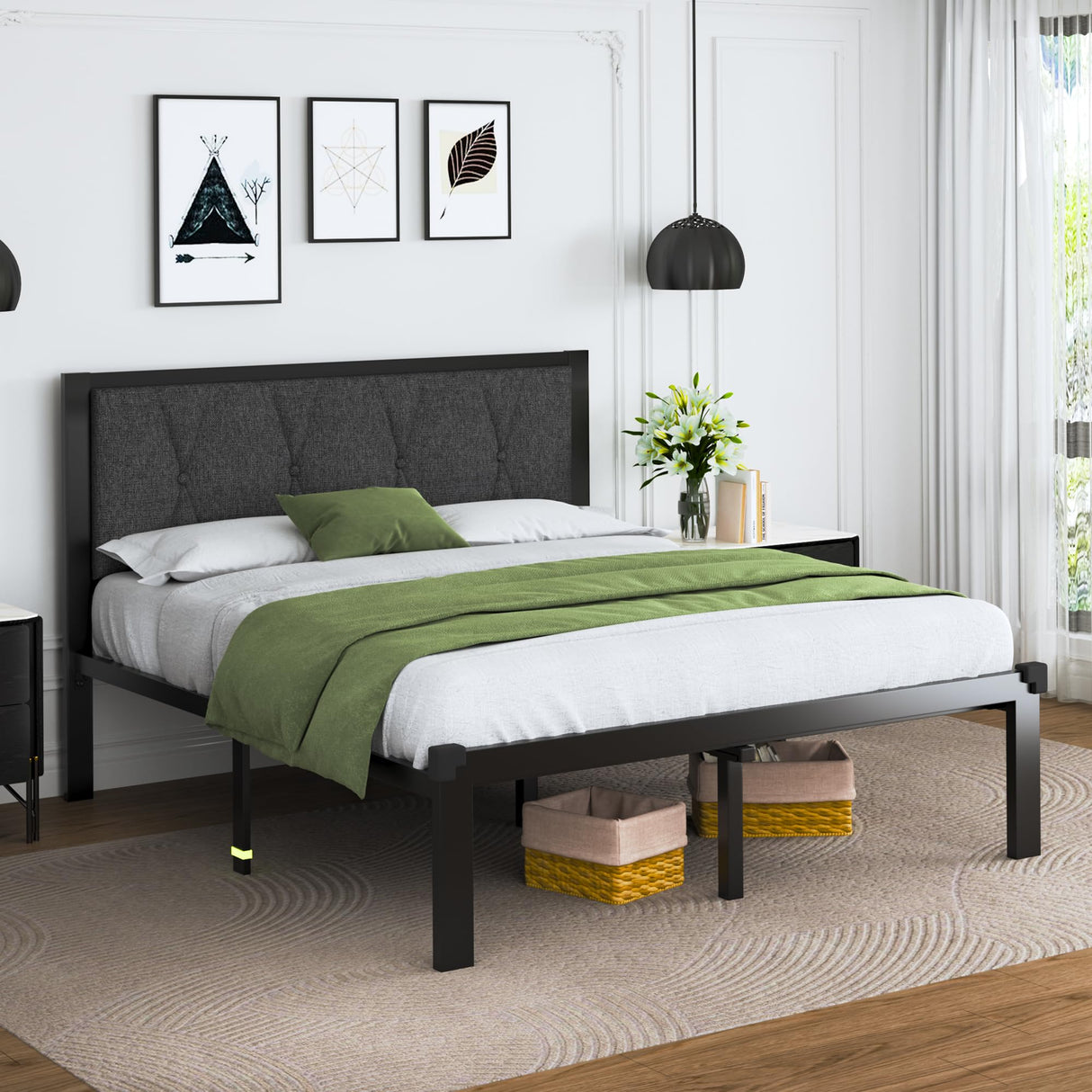 Queen Size Metal Bed Frame with Fabric Button Tufted Headboard, Platform Bed Frame