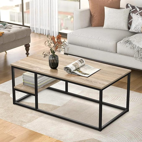 Coffee Table, Living Room Table, Coffee Table with Steel Frame and Shelves