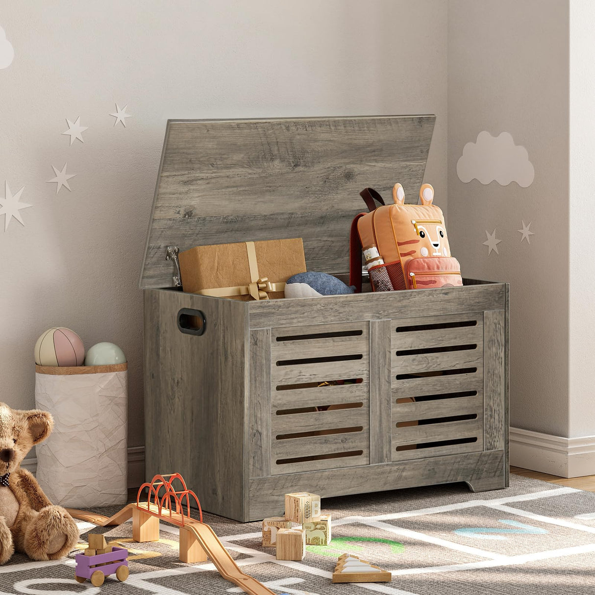 Storage Chest, Flip-Top Wooden Toy Box with 2 Safety Hinges