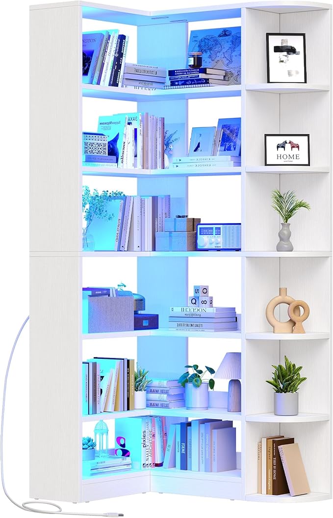 6 Tier Corner Bookshelf with LED Light, White Bookshelf L-Shaped Bookcase Storage