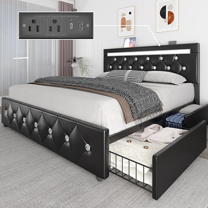 Full Size Bed Frame with 4 Storage Drawers and LED Light