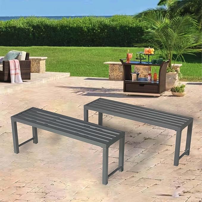 Black Outdoor Bench, Outdoor Metal Backless Bench Set of 2