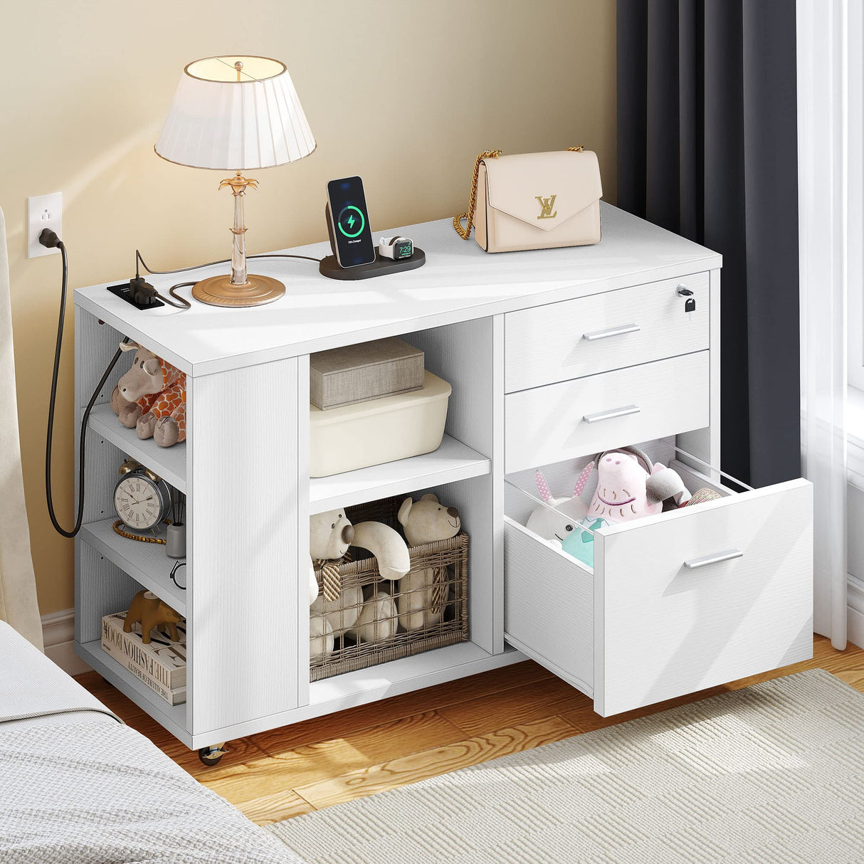 File Cabinet with Charging Station, Mobile Lateral Filing Cabinet with Lock