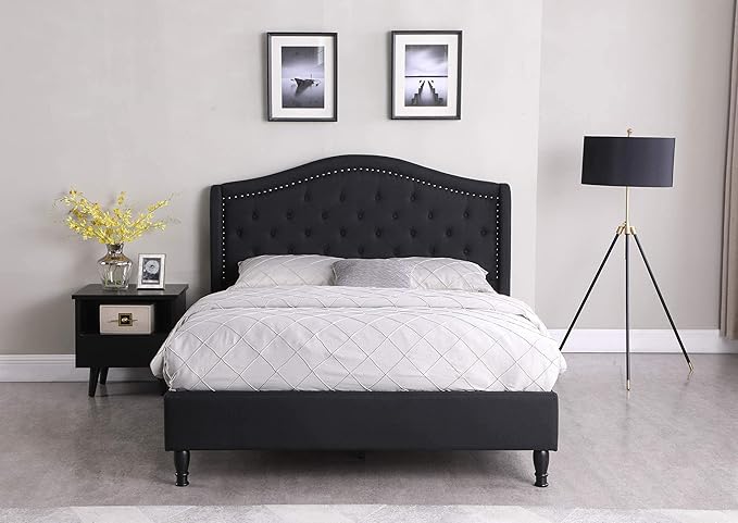 Platform Bed Frame with 51" Tall Headboard - Button Tufted Cloth Bed - Wood Slat Support