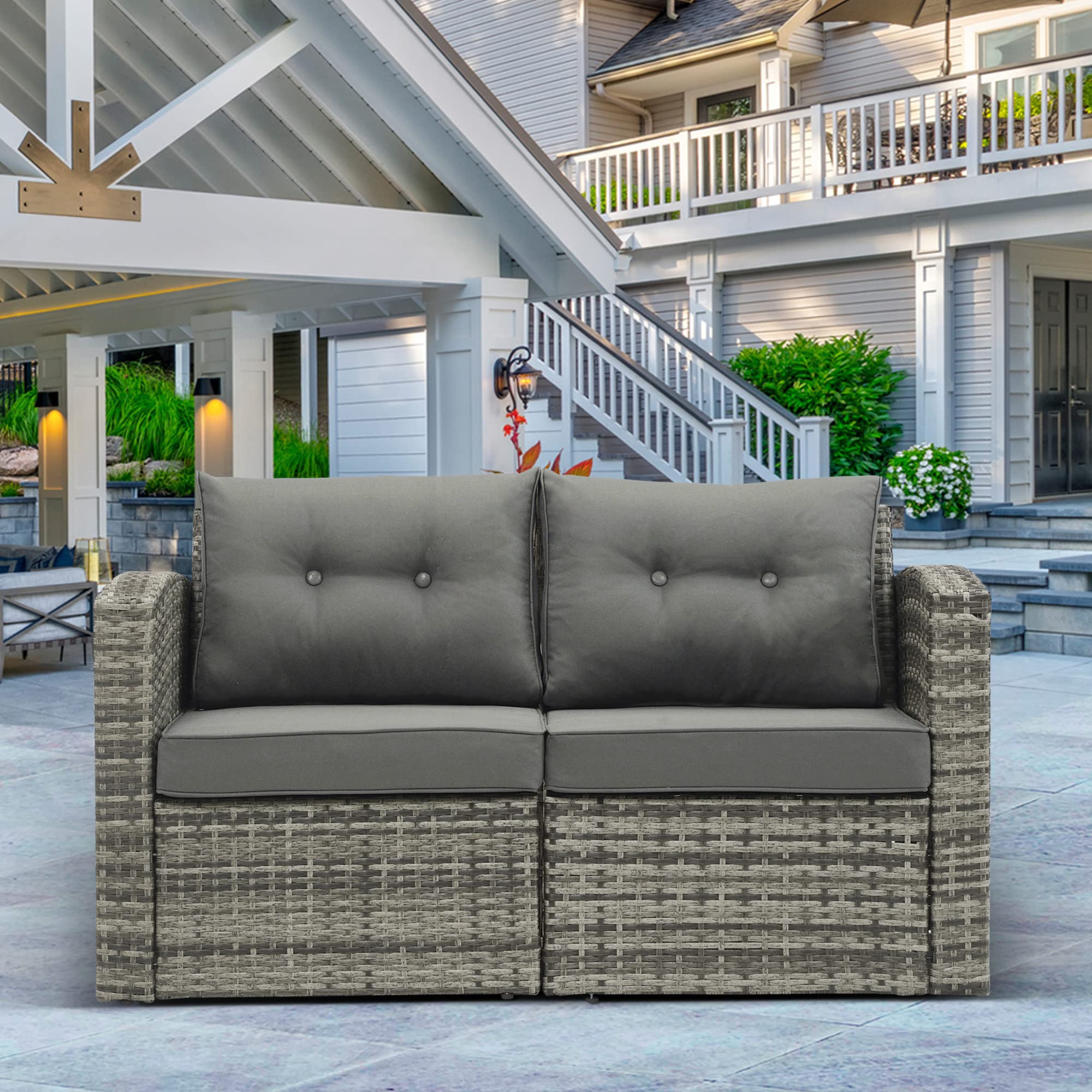 Wicker Outdoor Patio Loveseat, 2 Piece Aluminum Frame Patio Sofa Couch with Cushions
