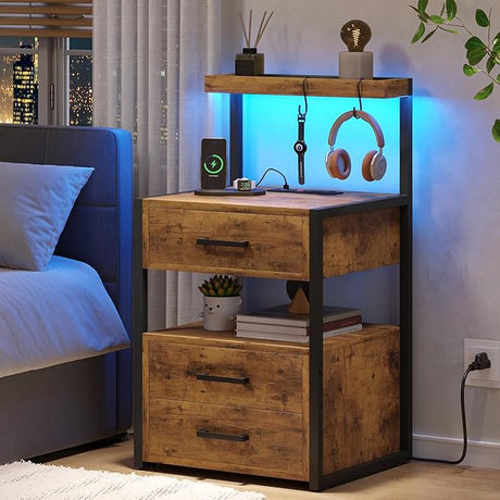 Led Nightstand with Charging Station, 3 Drawers Night Stands with Led Lights, Black