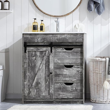 30" Farmhouse Bathroom Vanity with Sink, 33.7" Tall Bathroom Vanity w/Sliding Barn Door