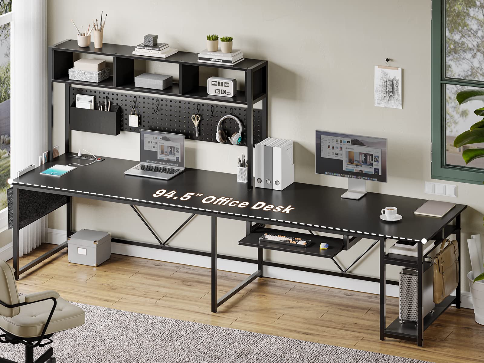 Shaped Gaming Desk, Reversible Computer Desk with Power Outlet and Pegboard