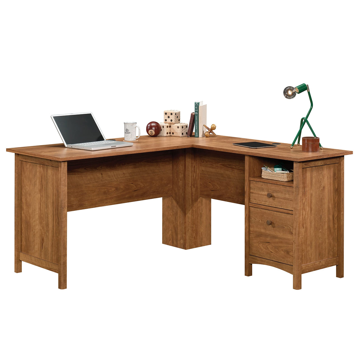 Union Plain Shaker Style L-Shaped Desk with File Drawer, Prairie Cherry Finish