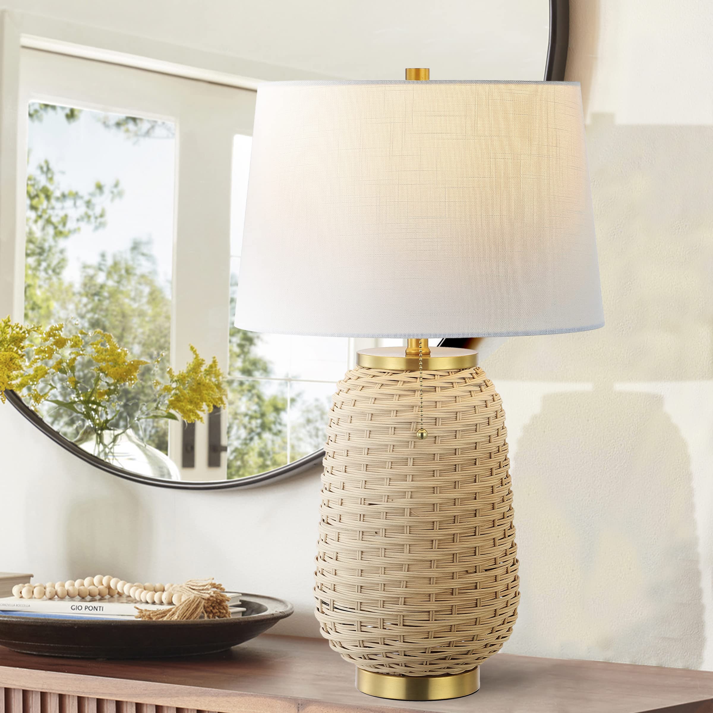Chakrii 25" Rustic Bohemian Iron/Rattan LED Table Lamp with Pull-Chain Classic Nghtstanid Lamp