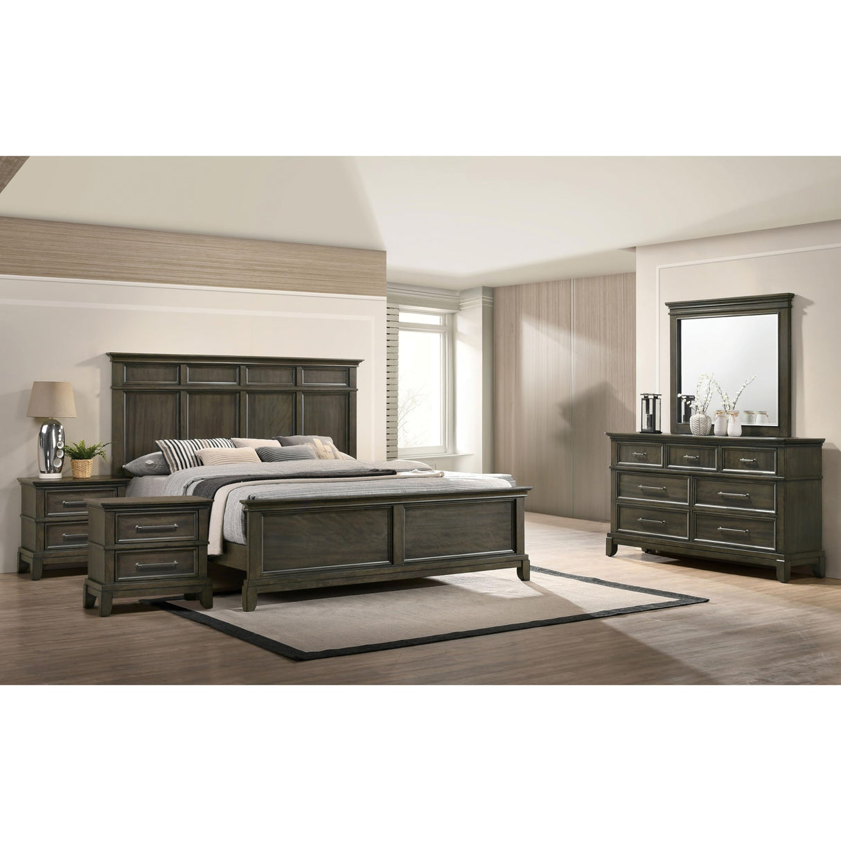 Furniture of America Runic Traditional Wood 5-Piece Bedroom Set with Crown Molding Details and Pewter Bar Pulls, Box Spring Required for Bedroom, King, Gray