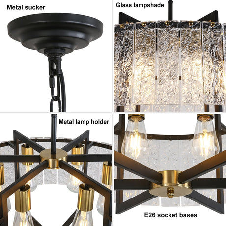 DYNAMI Modern Black Chandeliers,23.6" Crystal Glass Pendant Ceiling Light Fixtures,Round Luxury 6-Light Water Ripple Glass Chandelier, for Dining Room Living Room Bedroom