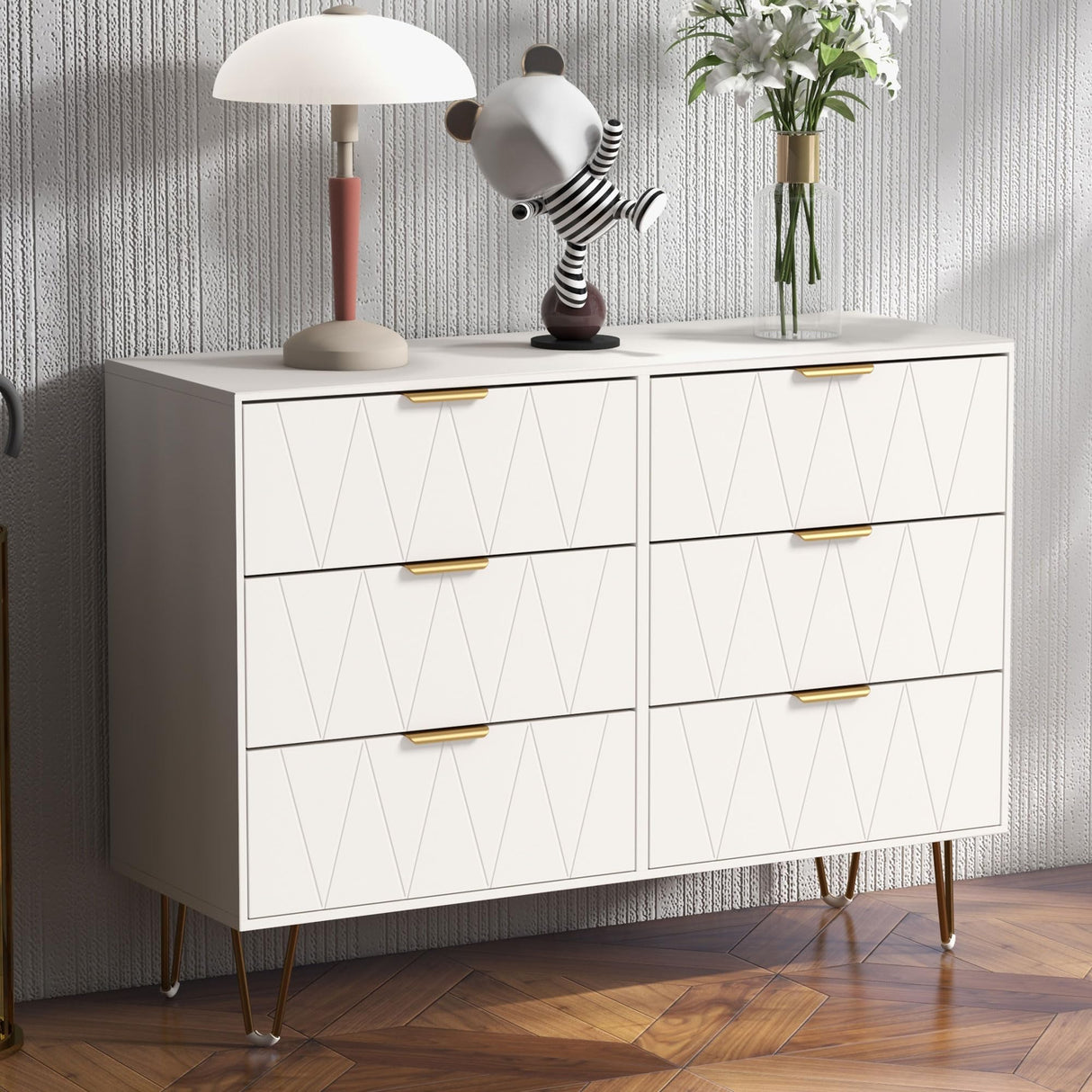 White Chest of Drawers Dresser for Bedroom, Modern Small Dresser with Gold Metal