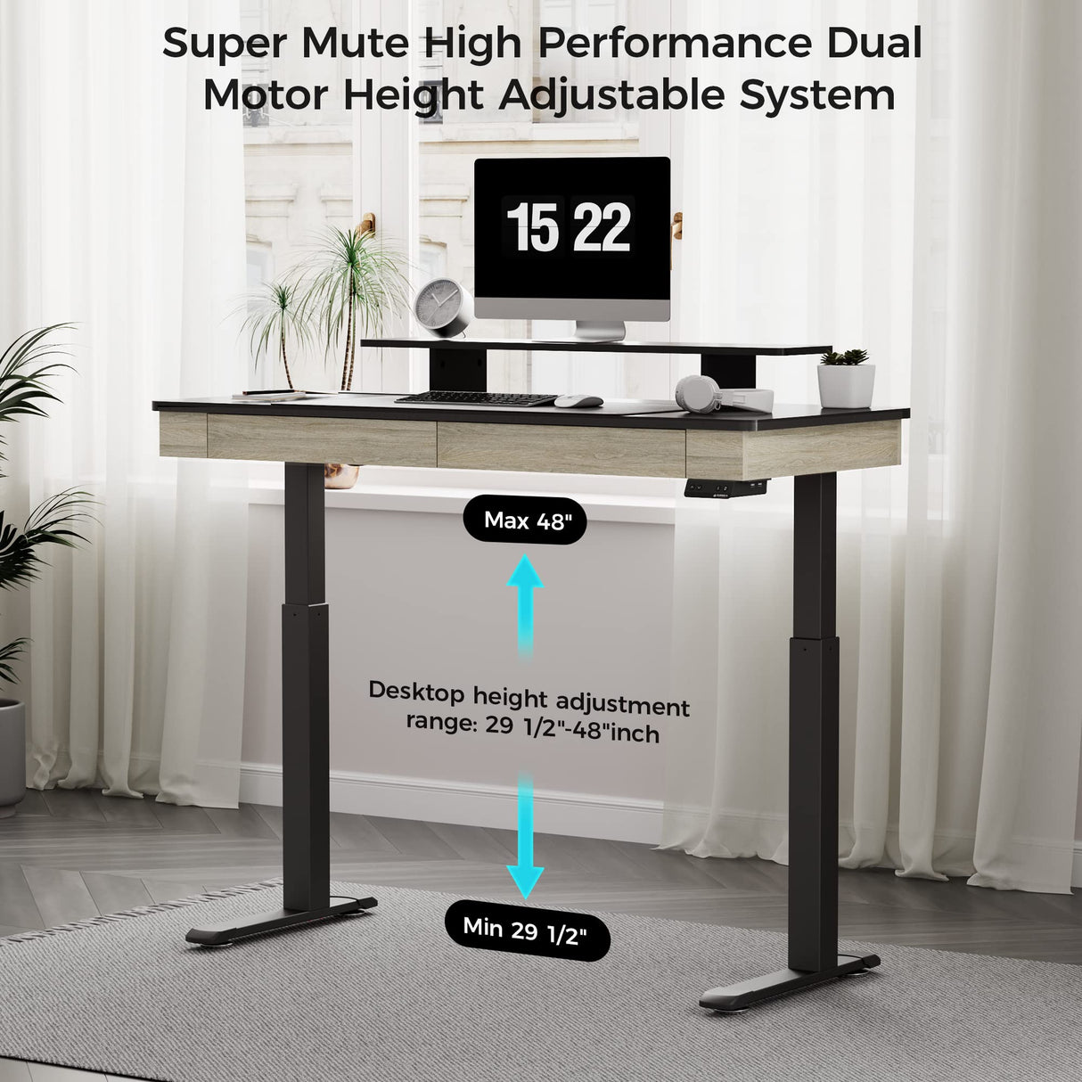 Electric Standing Desk with Drawers, 55 Inch Dual Motor Height Adjustable Stand up Desk for