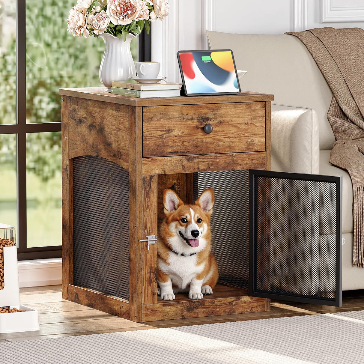 Dog Crate Furniture with Charging Station and Drawer