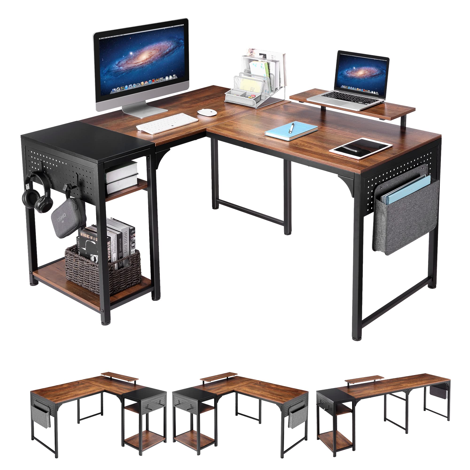 Reversible L Shaped Desk with Monitor Stand,58x47 inch Corner Desk,Study Writing Computer Table