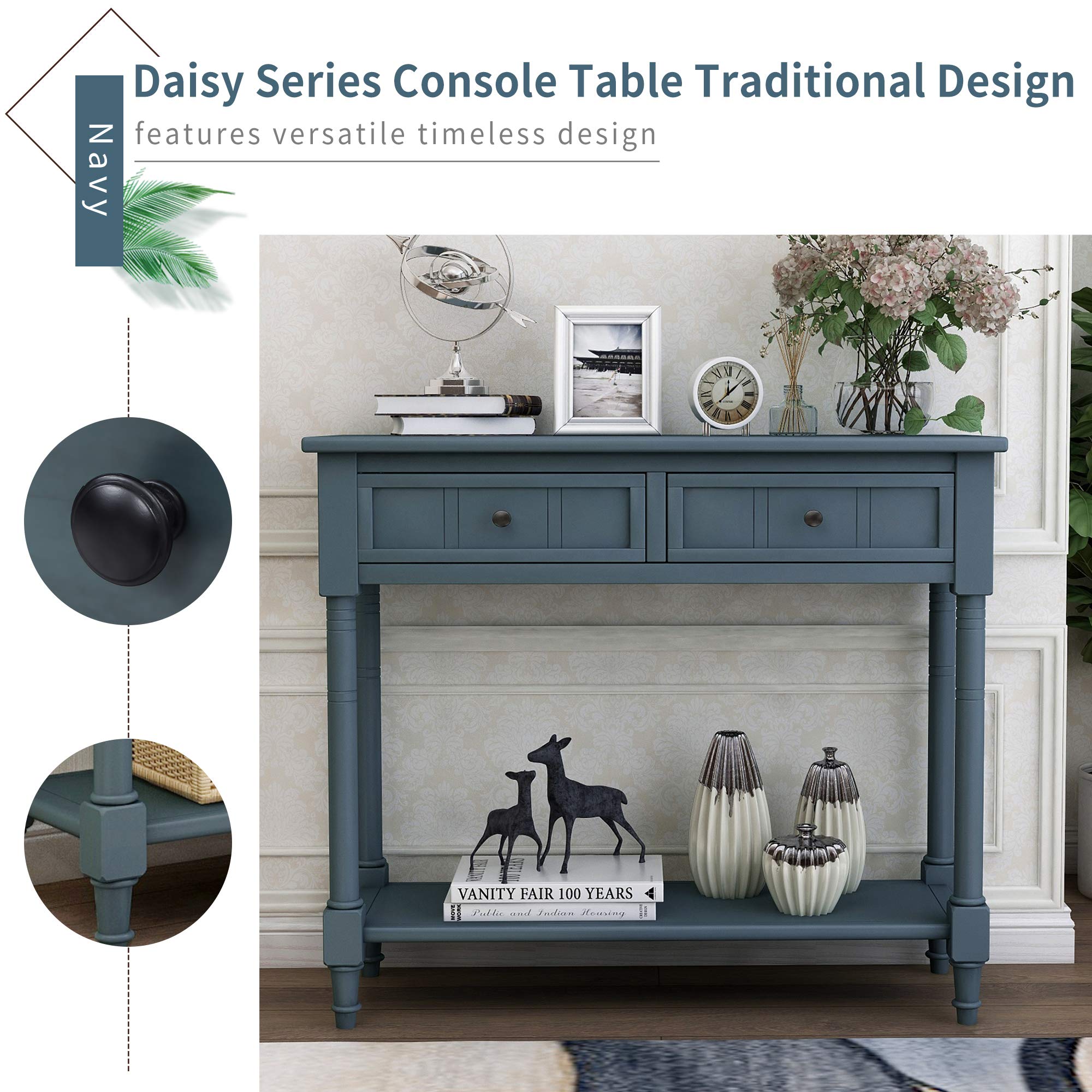Navy Daisy Series Entryway Table with Storage Drawers and Bottom Shelf, 1 Set