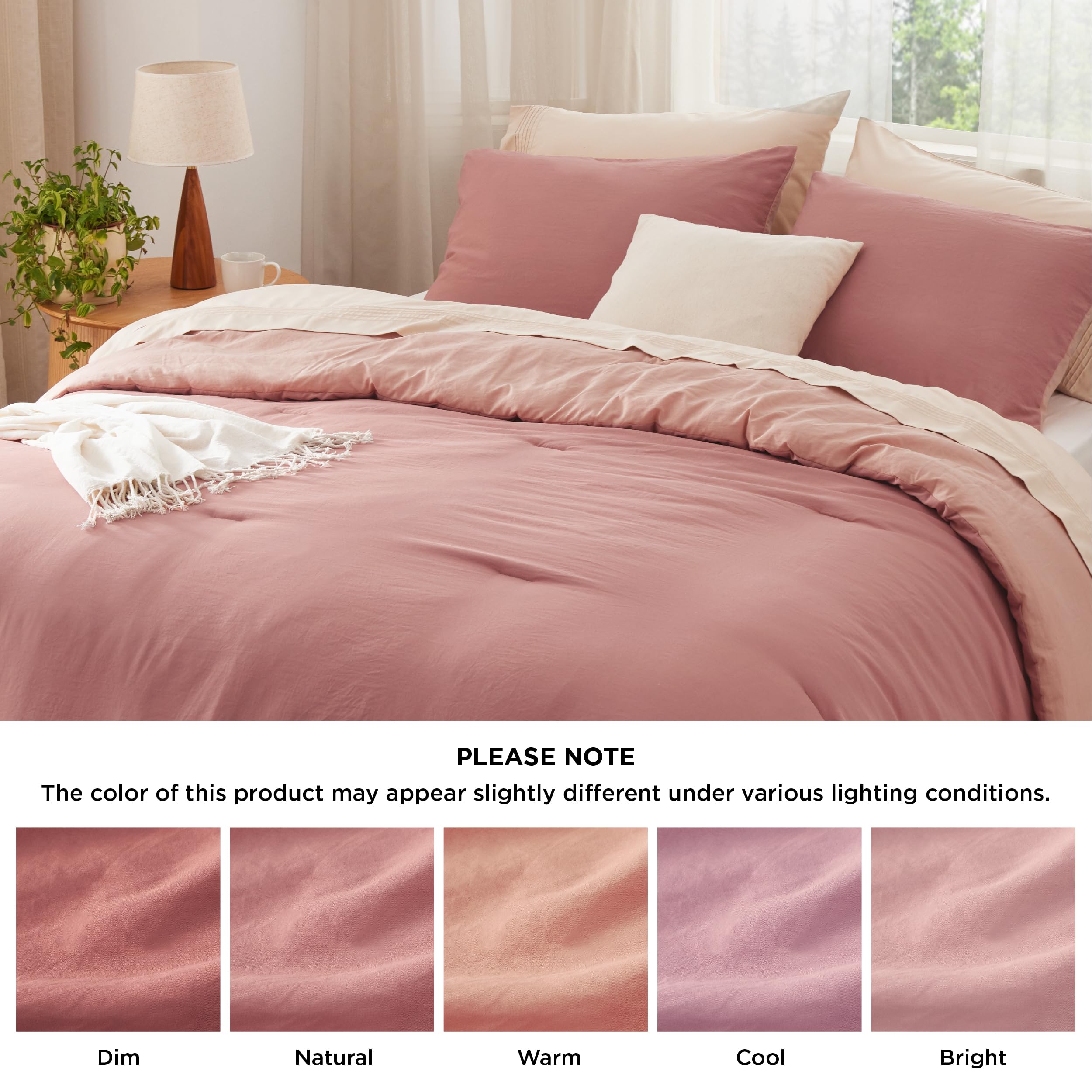 Queen Size Comforter Set - Reversible Pink Clay Soft Prewashed Bedding 3 Pieces