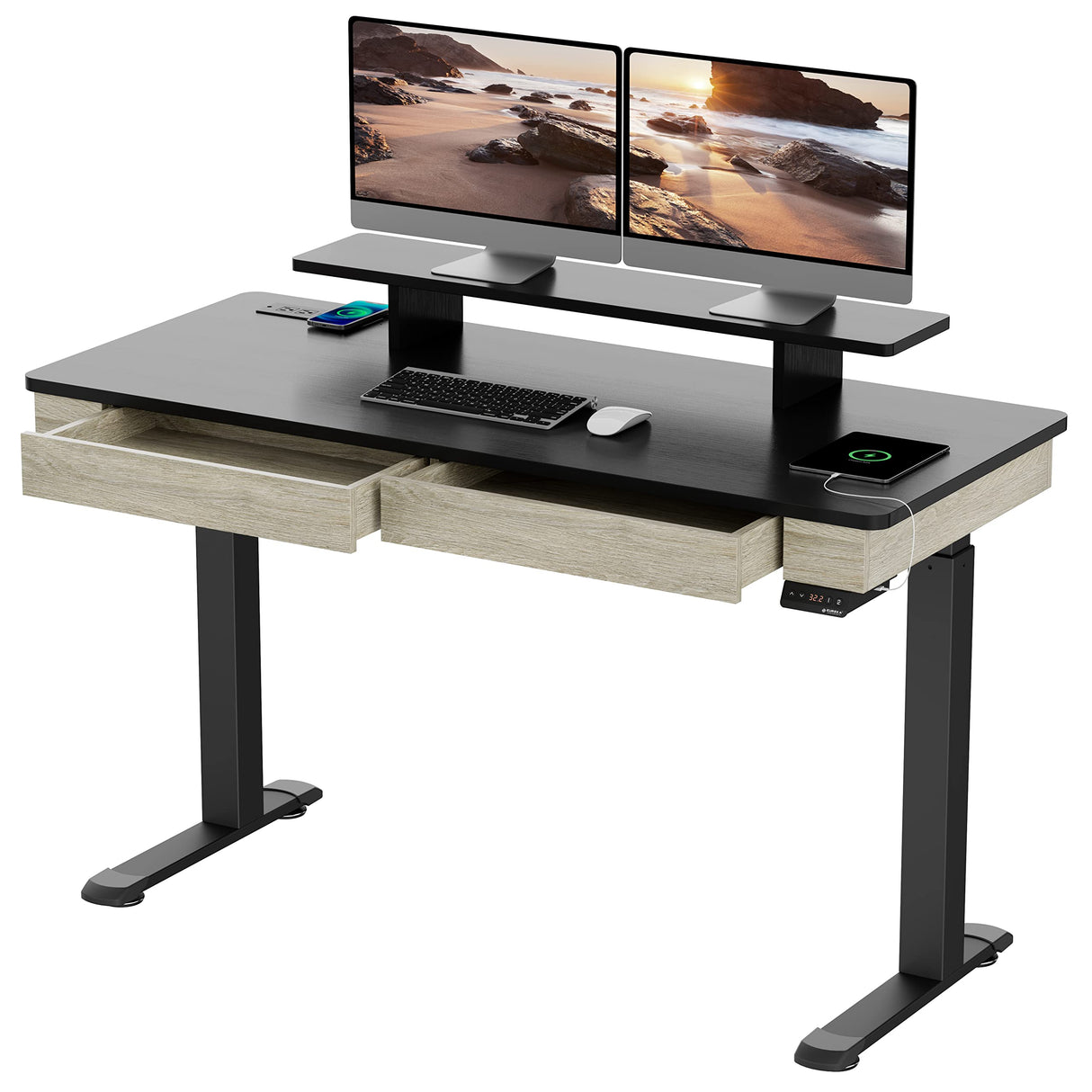 Electric Standing Desk with Drawers, 55 Inch Dual Motor Height Adjustable Stand up Desk for