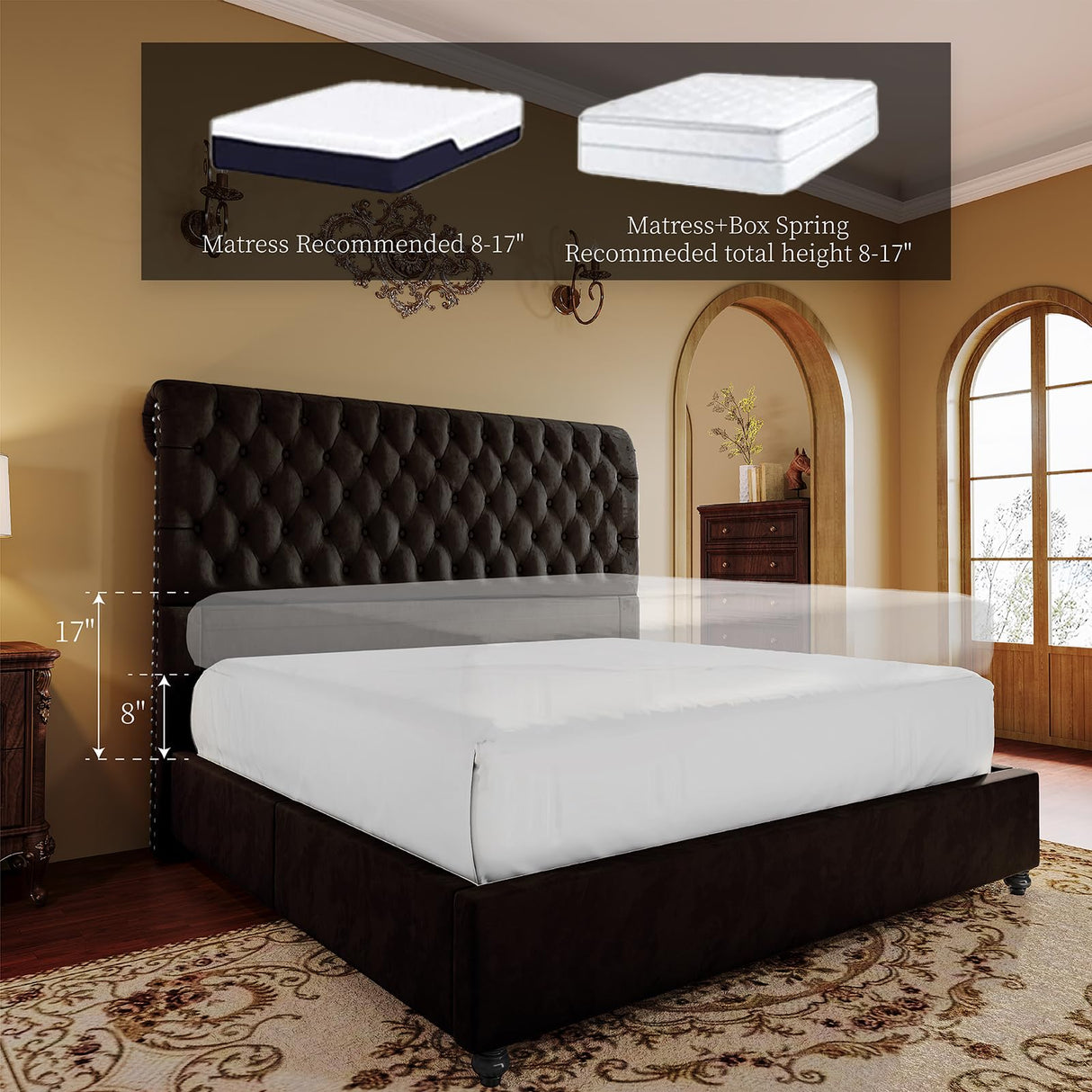 King Bed Frame Upholstered Platform Bed Frame with 52.8'' Tall Sleigh Headboard