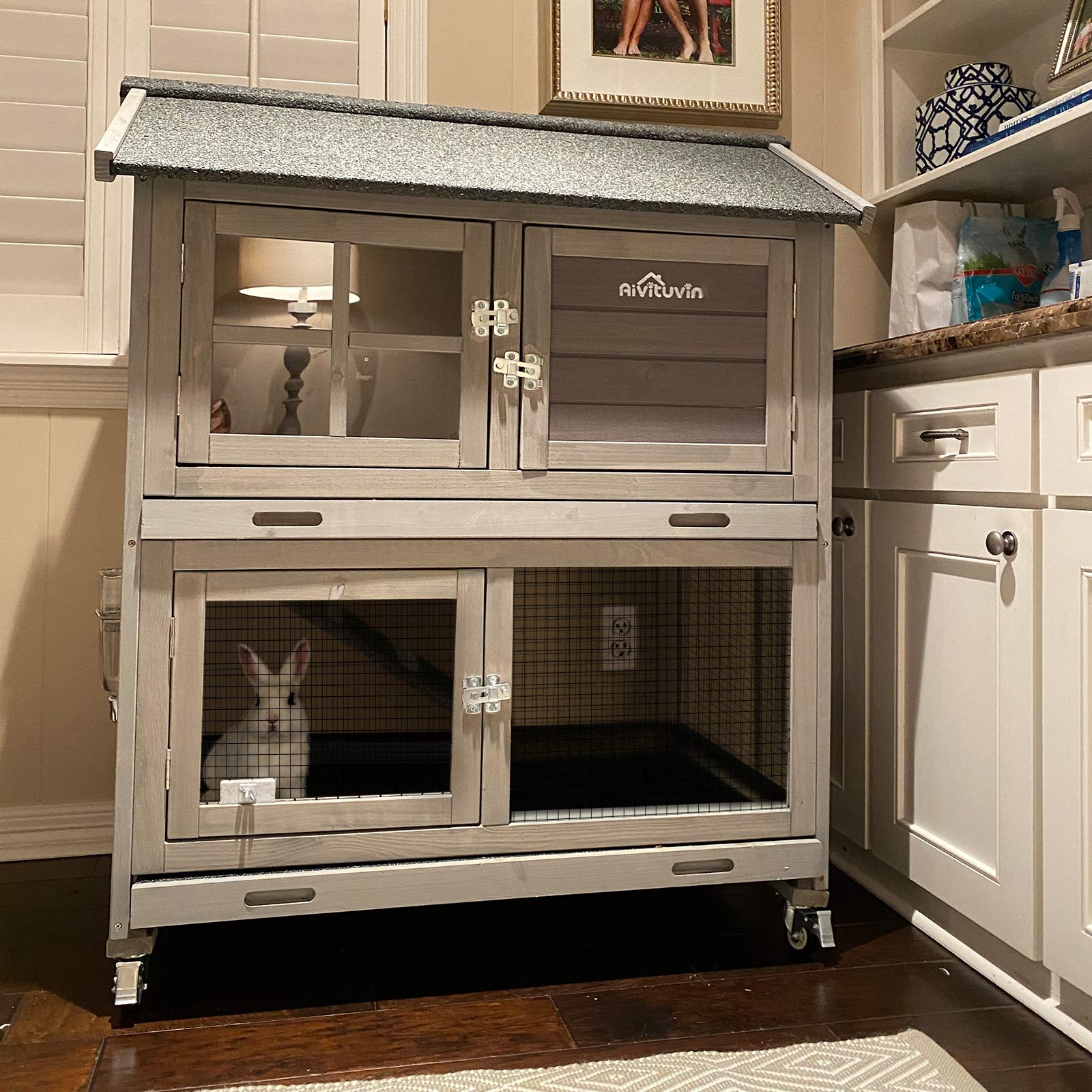 HopEase Rabbit Hutch with Wire Floor, Dual Trays & Weatherproof Roof